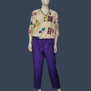 Vtg 1980s KORET Purple Lounge Swishy Track Festival Pant Suit